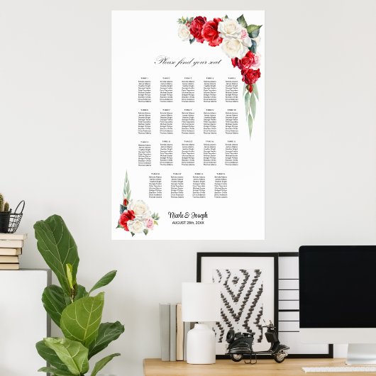 19 Tafel Rood Wit Rose Bloemen Zitting Grafiek Poster (Thuiskantoor)