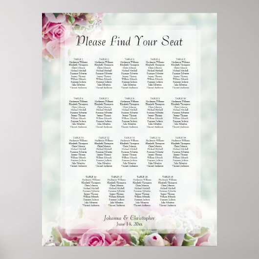 19 Tafel roze rozen pony's Wedding Seating Chart Poster (Voorkant)
