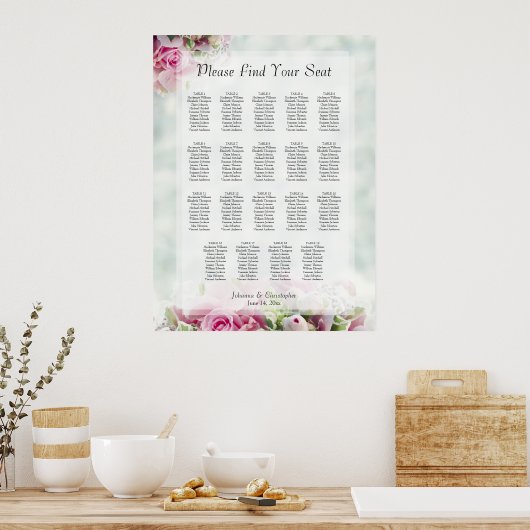 19 Tafel roze rozen pony's Wedding Seating Chart Poster (Keuken)