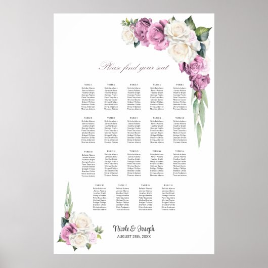 19 Tafel Roze Witte Roos Bloemen Zitting Grafiek Poster (Voorkant)