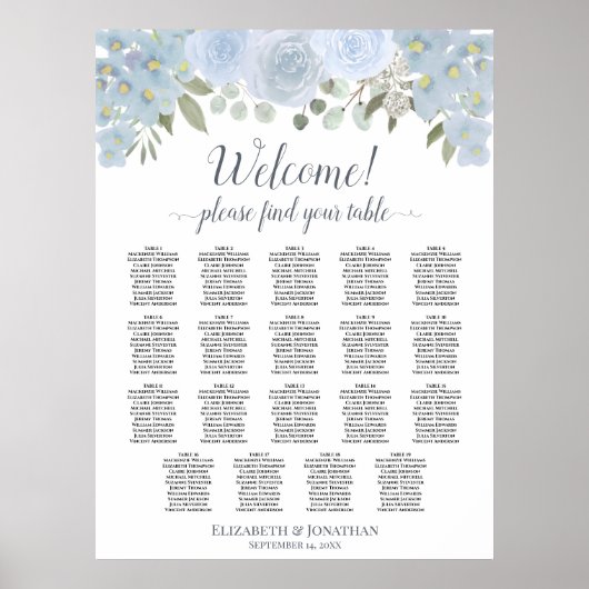 19 Tafel Stofblauw Rozen Boho Chic Zitplaatsenkaar Poster (Voorkant)