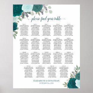 19 Tafel Teal & Aqua Bloem Bruiloftstoewijzingskaa Poster