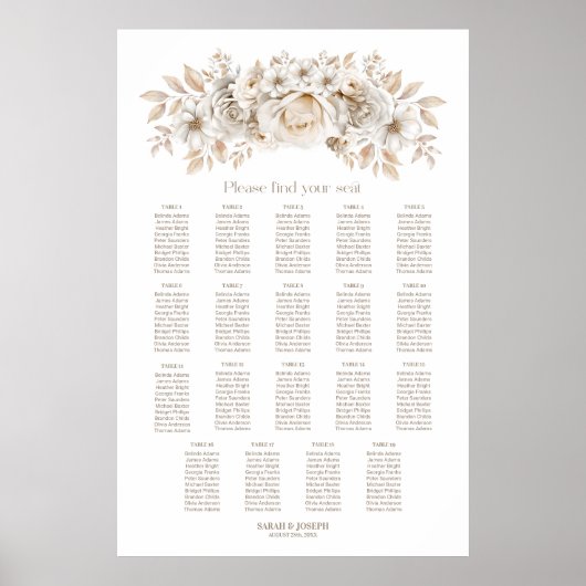 19 Tafel Wit Bloemen Bruiloft Zitkaarten Poster (Voorkant)