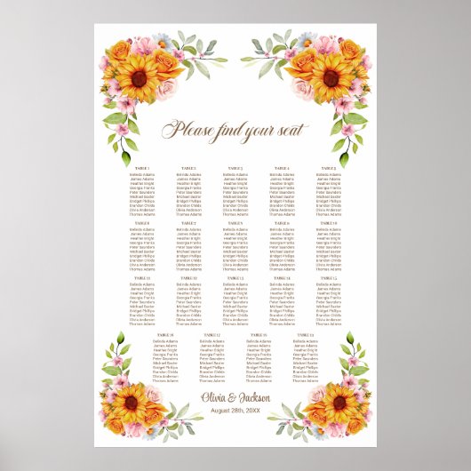 19 Tafel Zonnebloem Roos Trouwstoelkaart Poster (Voorkant)