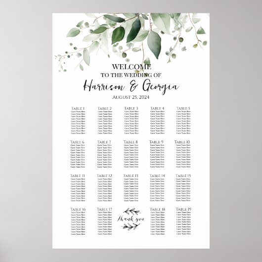 19 Tafels Groen Elegant Bruiloft Zittafel Grafiek Poster (Voorkant)