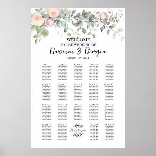 19 tafels groen & rozen bruiloft zitgrafiek poster (Voorkant)