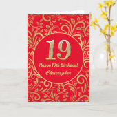 19e Birthday Red en Gold Floral Pattern Kaart (Gele Bloem)