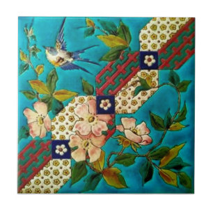 19e eeuw Aesthetische Longwy Bird Dogwood Repro Tegeltje
