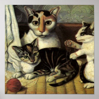 19e eeuw Amerikaanse Folk Art Cats Poster