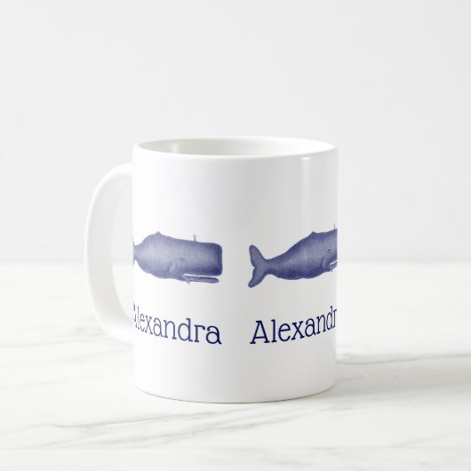 19e eeuw gestileerde walvis #1 N Blauw Koffiemok (Voorkant links)