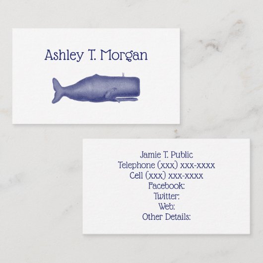  19e eeuw gestileerde walvis #1 N Blauw Visitekaartje (Voorkant / Achterkant)
