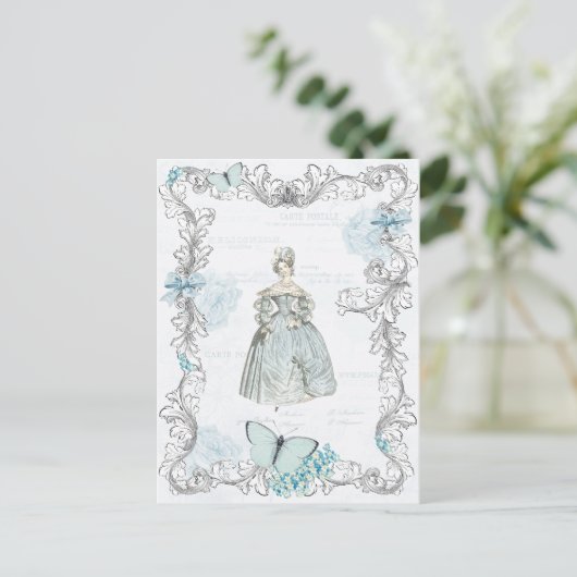 19e eeuw mode  briefkaart in blauw (Staand voorkant)