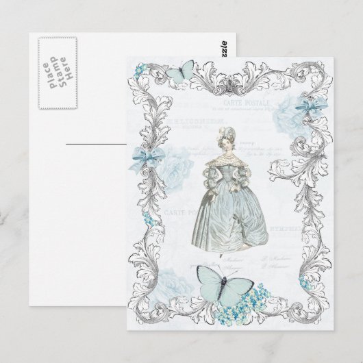 19e eeuw mode briefkaart in blauw (Voorkant / Achterkant)