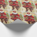 19e eeuw Saint Nicholas Cadeaupapier<br><div class="desc">Sint-Nicolaas met een houten auto,  een drum,  een boot,  een lepel vol geschenken. Retro-afbeelding met holle en gloeiende bergen.</div>