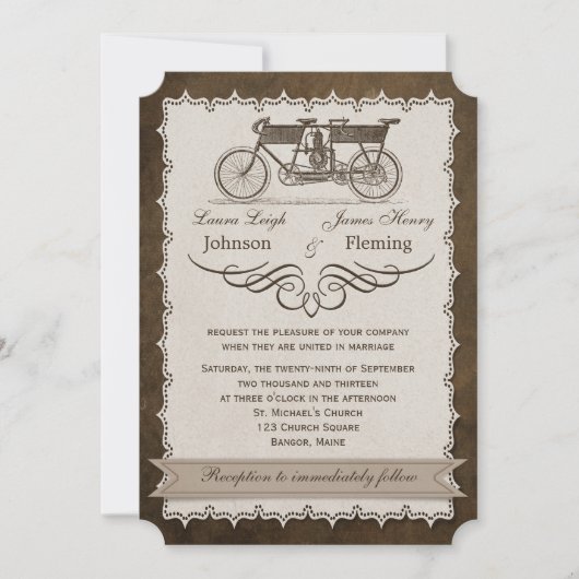  19e eeuw Tandem Bicycle Wedding Invite Kaart (Voorkant)