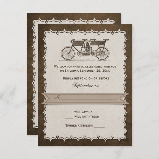 19e eeuw Tandem Bicycle Wedding RSVP (Voorkant / Achterkant)