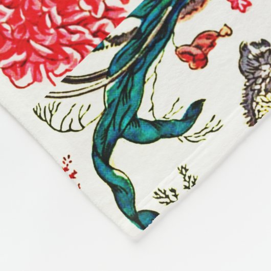 19e eeuws bloemenpatroon blauw groen rood fleece deken (Hoek)