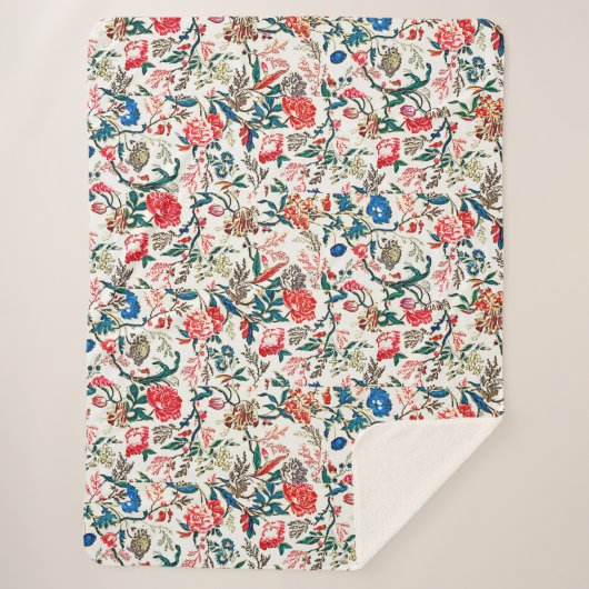  19e eeuws bloemenpatroon blauw groen rood sherpa deken (Voorkant)