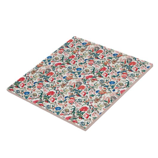 19e eeuws bloemenpatroon blauw groen rood tegeltje (Zijkant)