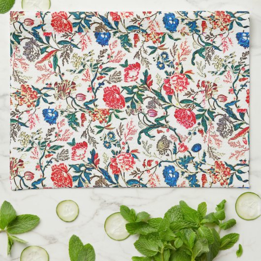  19e eeuws bloemenpatroon blauw groen rood theedoek (Gevouwen)