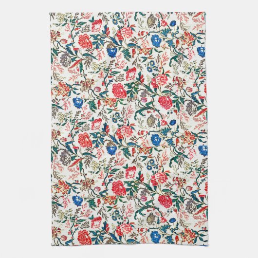  19e eeuws bloemenpatroon blauw groen rood theedoek (Verticaal)