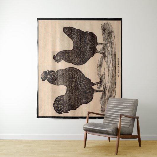 19e-eeuwse drukkerij Plymouth Rock hen en roster Wandkleed (In situ)