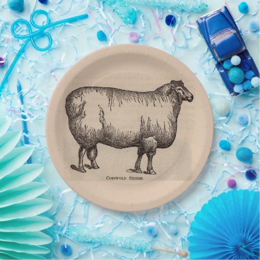19e-eeuwse gedrukte Cotswold-schapen Papieren Bordje (Feest)