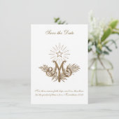 19e-eeuwse gouden Maria-monogram katholiek Save The Date (Staand voorkant)