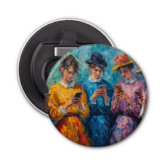 19e-eeuwse mensen gebruiken smartphones button flesopener (Voorkant)