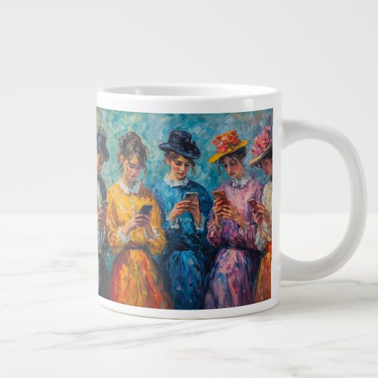 19e-eeuwse mensen gebruiken smartphones grote koffiekop (Rechts)