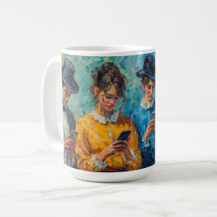 19e-eeuwse mensen gebruiken smartphones koffiemok