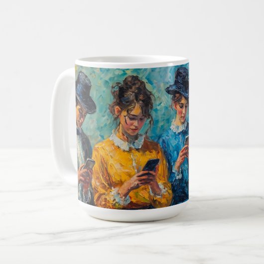 19e-eeuwse mensen gebruiken smartphones koffiemok (Voorkant links)