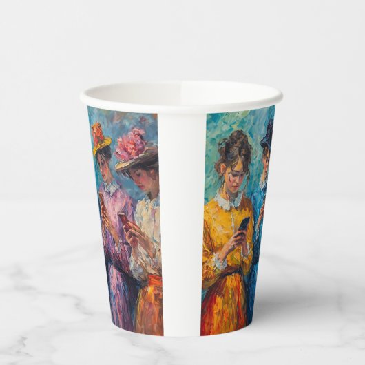 19e-eeuwse mensen gebruiken smartphones papieren bekers (Links)