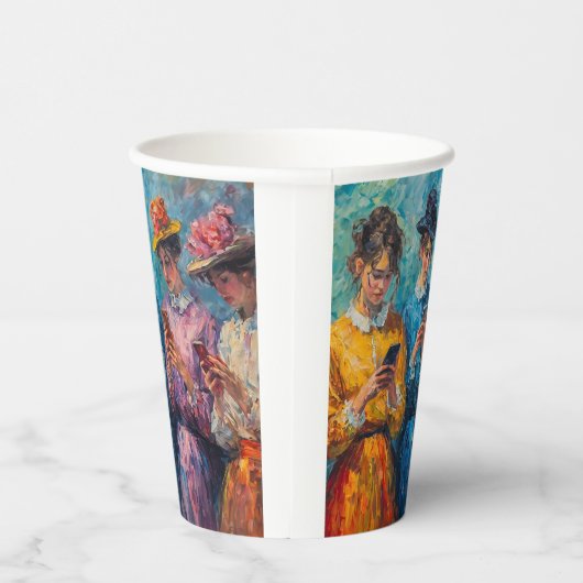 19e-eeuwse mensen gebruiken smartphones papieren bekers (Rechts)