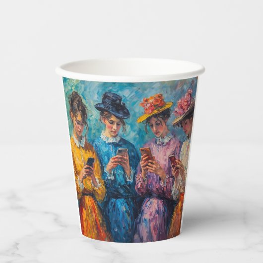 19e-eeuwse mensen gebruiken smartphones papieren bekers (Voorkant)