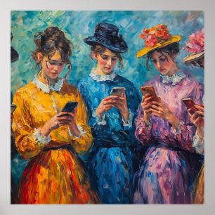 19e-eeuwse mensen gebruiken smartphones poster