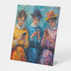19e-eeuwse mensen gebruiken smartphones reclamebord met voetstuk