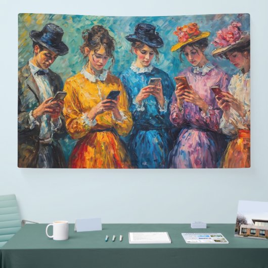 19e-eeuwse mensen gebruiken smartphones spandoek (Beurs)