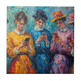 19e-eeuwse mensen gebruiken smartphones tegeltje