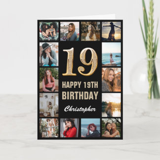 19e Happy Birthday Black en Gold Photo Collage Kaart