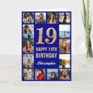 19e Happy Birthday Navy Blue & Gold Photo Collage Kaart