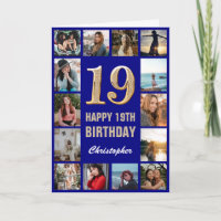 19e Happy Birthday Navy Blue & Gold Photo Collage