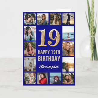 19e Happy Birthday Navy Blue & Gold Photo Collage Kaart