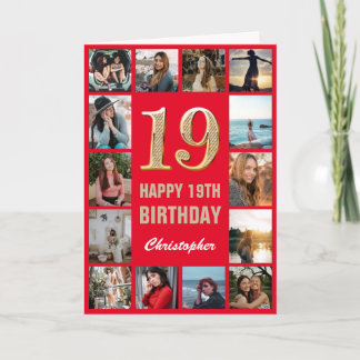 19e Happy Birthday Red en Gold Photo Collage Kaart