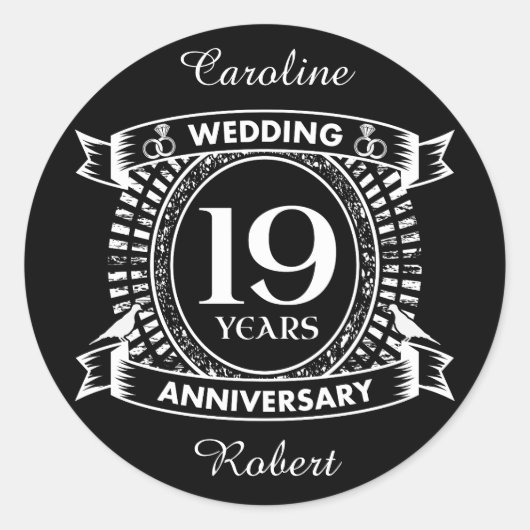 19e trouwdag zwart-wit ronde sticker (Voorkant)
