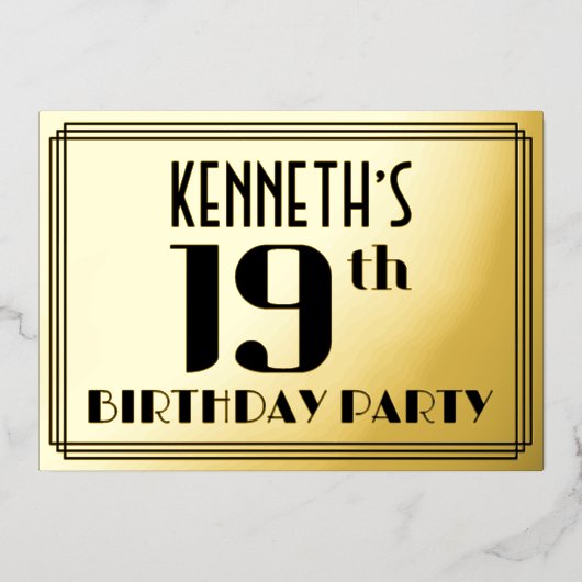 19e verjaardag: Art Deco Kijk "19" en naam Folie Uitnodiging (Voorkant)