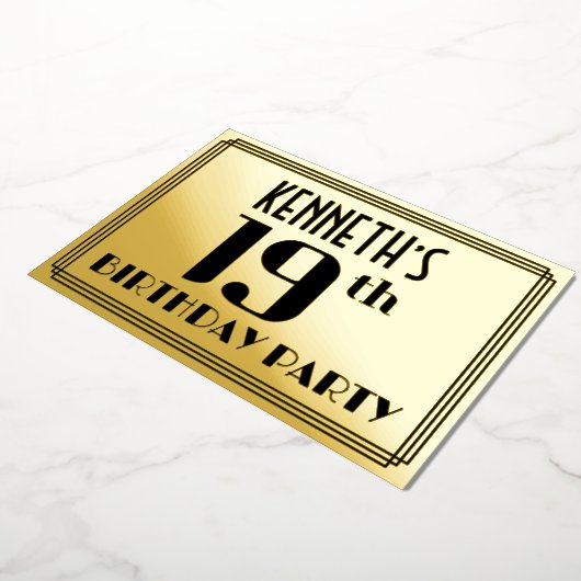 19e verjaardag: Art Deco Kijk "19" en naam Folie Uitnodiging (Gedraaid)