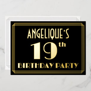 19e verjaardag: Art Deco Kijk "19", met naam Folie Uitnodiging