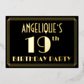 19e verjaardag: Art Deco Kijk "19", met naam Folie Uitnodiging (Voorkant)