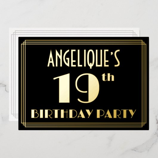 19e verjaardag: Art Deco Kijk "19", met naam Folie Uitnodiging (Voorkant / Achterkant)